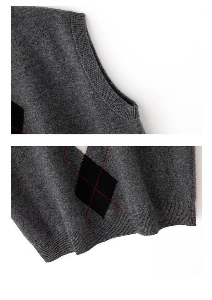 Retro British Diamond Pattern Sleeveless Cashmere Vest