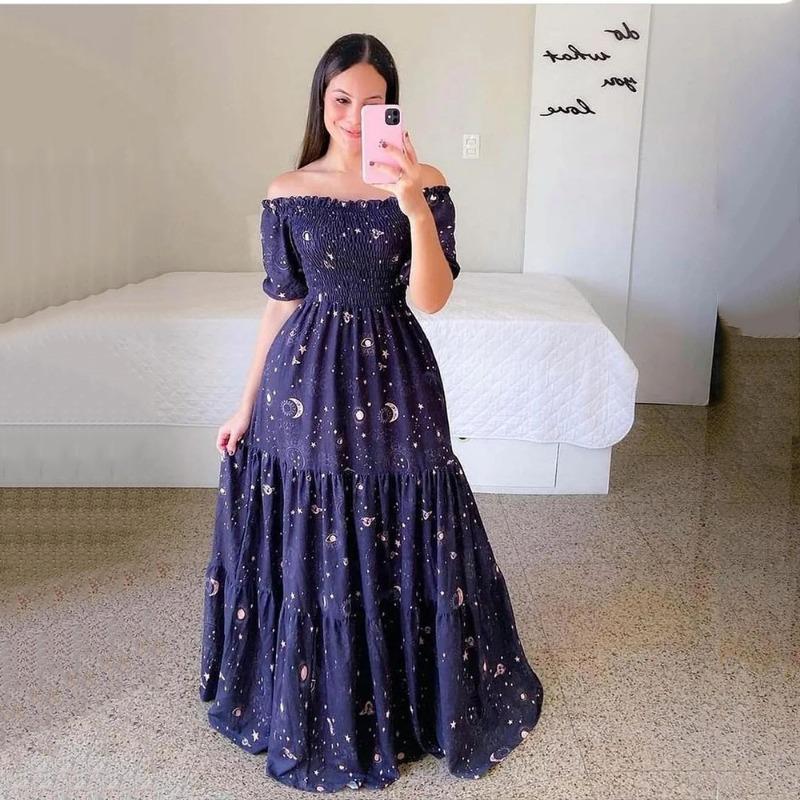 New spring and summer women's dress one-word shoulder floral fashion off-the-shoulder long printed dress