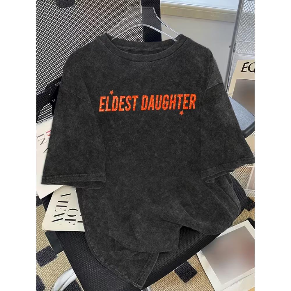 Vintage Eldest Daughter Print Lettering Men Women s Washed T Shirt Y2k Streetwear Cotton Top Summer S