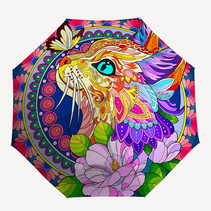 1pc Colorful Cat Mandala Automatic Folding Umbrella - Portable 3-Fold Design with 8-Bone Iron Frame, Perfect for Outdoor Use, Festive Gifts, Travel, D