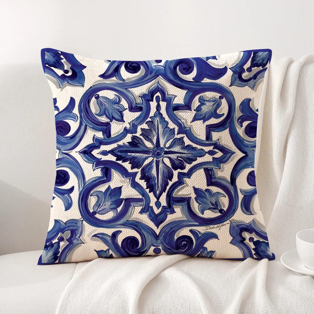 Greek Vacation Style Cushion Cover Natural Linen Organic Fabric Double-Sided Printing Sofa Home Decor Gift Pillow Cover