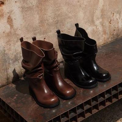 Otoño e Invierno Nuevos Botines Cortos de Tacón Grueso Botas de Moda Retro de Gran Circunferencia de Caña para Mujer