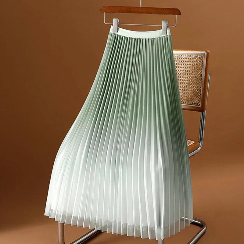 Eleganckie tiulowe spódnice midi damskie spódnice midi z siateczki gradientowej Streetwear koreańskie spódnice z wysokim stanem elastyczne dopasowane spódnice w kształcie litery A
