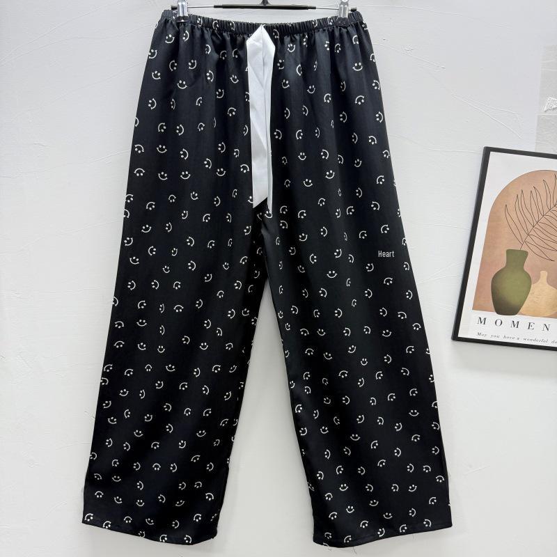 Damen-Blumen-Baumwoll-Seiden-Pyjama - Große Größen, Sommer, Leicht, Für draußen, Gerades Bein, Lockerer Schnitt