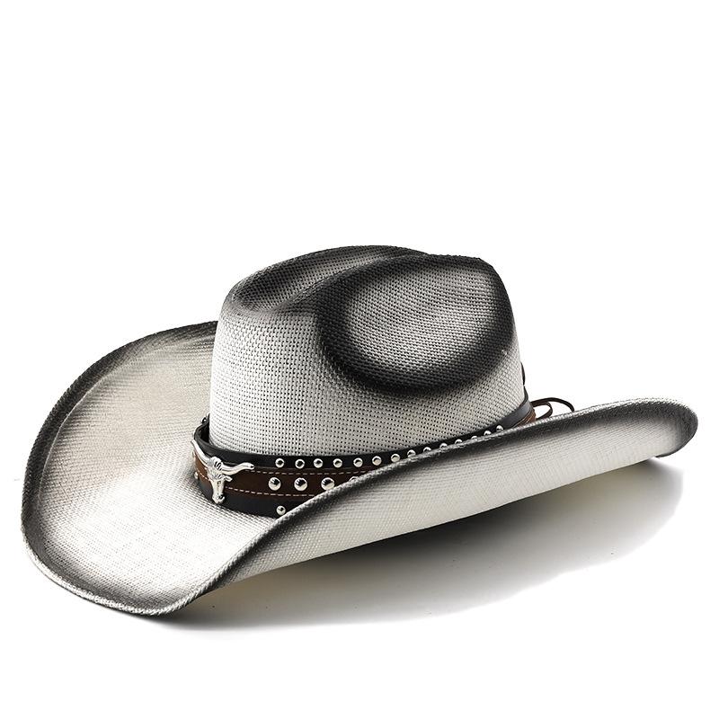 Vintage bull head embellished wide brim straw hat - western cowboy hat for men and women, perfect for vacation and beach