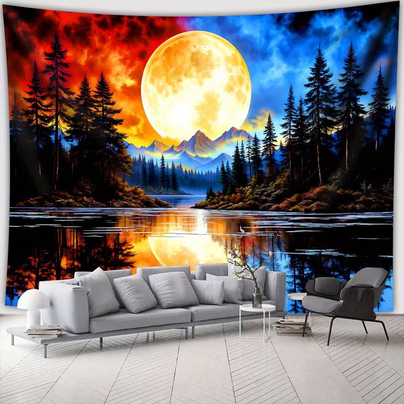Night Sky Moon View Tapestry Wall Art, Forest Lake Nature Landscape Tapestry for Living Room Bedroom Decor