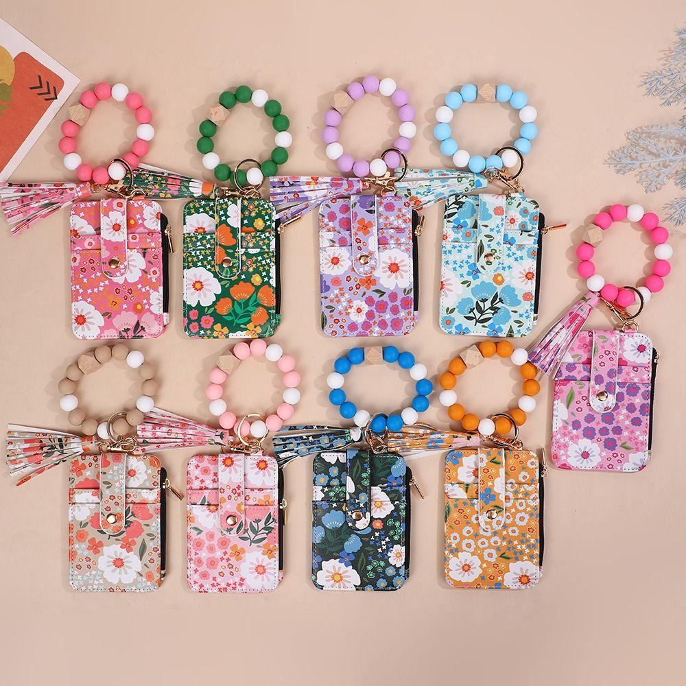 Pu Leather Silicone Bead Bracelet Keychain Boho Style Leather Card Bag Keychain  Fashion Wear
