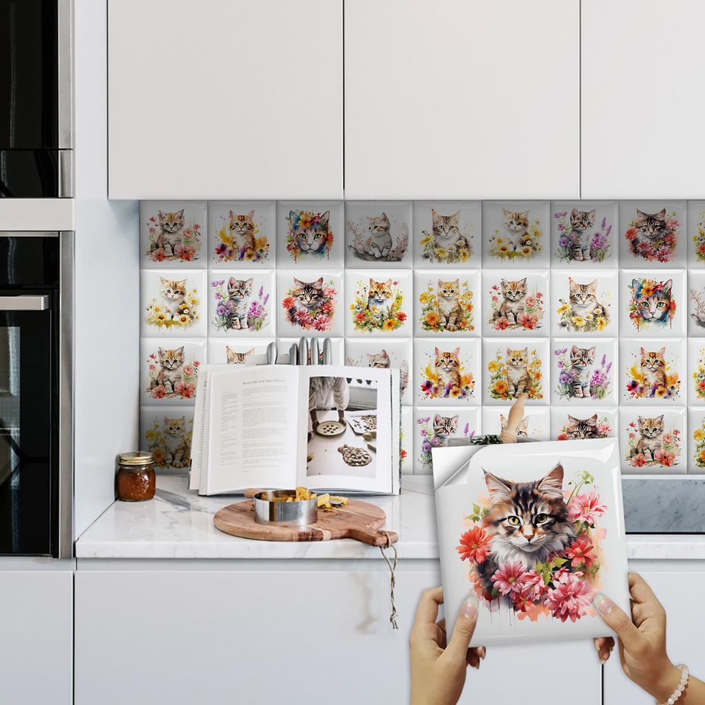 10Pcs Watercolor Flowers Cute Pet Wall Stickers Imitation Brick Bedroom Decoration Waterproof Self Adhesive Tile Wallpaper Kitchen Cupboard Decor