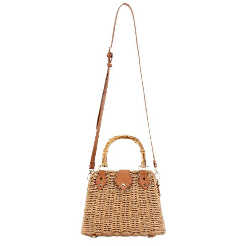 

New straw bag women s bamboo handle handheld women s bag woven bag versatile shoulder messenger bag vacation beach bag Magnetic buckle