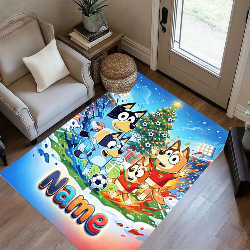 Bluey's Festive Football Fun Customized Name Floor Mat Suitable for Bedrooms Living Rooms Dining Room Decorate Room Antislip Carpet Anime Office Decor