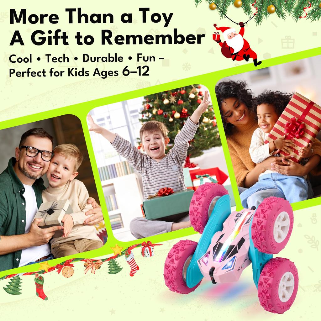 Threeking Remote Control Car for 4WD Stunt Remote Control Car with Birthday Gift for Boys and Indoor and Outdoor Suitable for Children Ages 6 and Pink