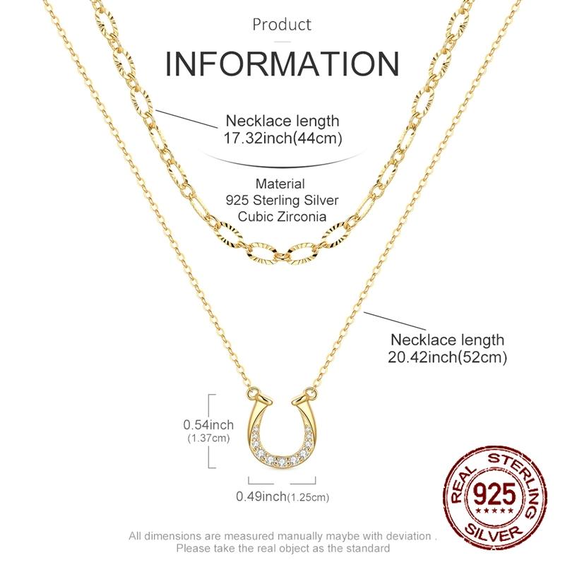 925 Sterling Silver Golden Double Layer Necklace CZ Horseshoe Pendant Lucky Symbol Design Layered Jewelry Gift for Women Girls
