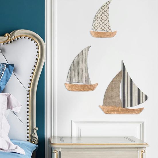 3 Stück Holzsegelboot Nautische Wandkunst Rustikale Ozean-Küstenhänge-Skulptur Mediterraner Stil Seehaus Wanddeko für Badezimmer Wohnzimmer