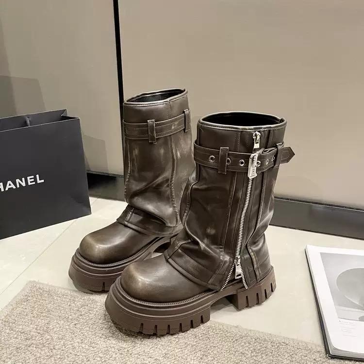 Damen Stiefel bis zur Wade Punk Stil Gotische Stiefel Mode Gürtelschnalle Design Lederstiefel Dicker Absatz Plateau Stiefel Botines Mujeres