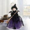 Halloween Witch Doll with Broom Small Witch Figurine with Gauze Skirt Spooky Table Centerpiece for Home Bedroom Desktop Decor