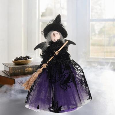 Yousheng Halloween Witch Doll with Broom Small Witch Figurine with Gauze Skirt Spooky Table Centerpiece for Home Bedroom Desktop Decor