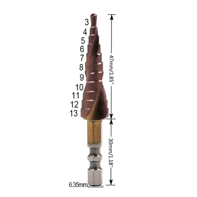 M35 Cobalt Step Drill Bit 1/4 Inch Hexagon Shank Double-edged Spiral Groove Step Drill 3-13mm Cobalt Coating Hole Saw