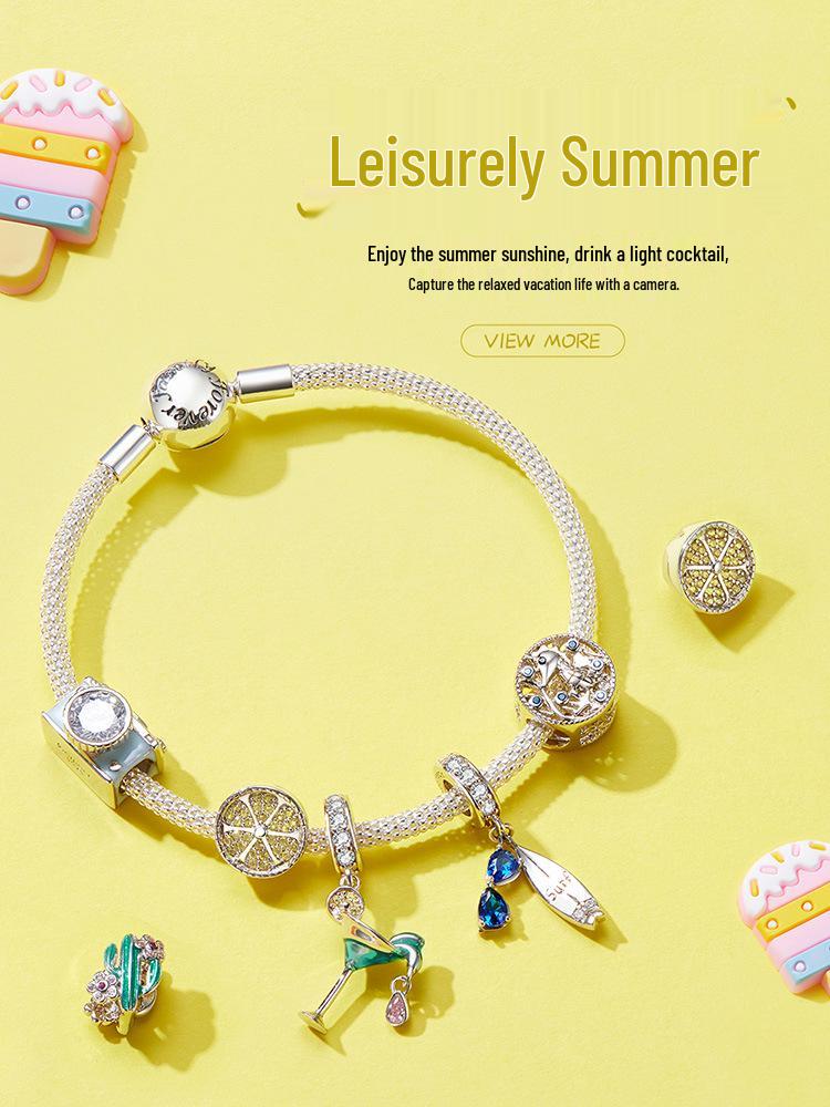 Avle S925 Sterling Silver Shiny Camera Beads DIY Bracelet Jewelry Accessories