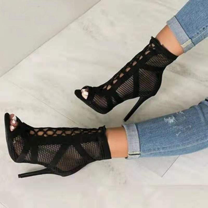 Fashion New Black Lace-Up Sandals Heels 9CM Women's High Heel Shoes Trend Sexy Peep Toe Boots Fashion Cloth Stilettos Jazz Dance Female