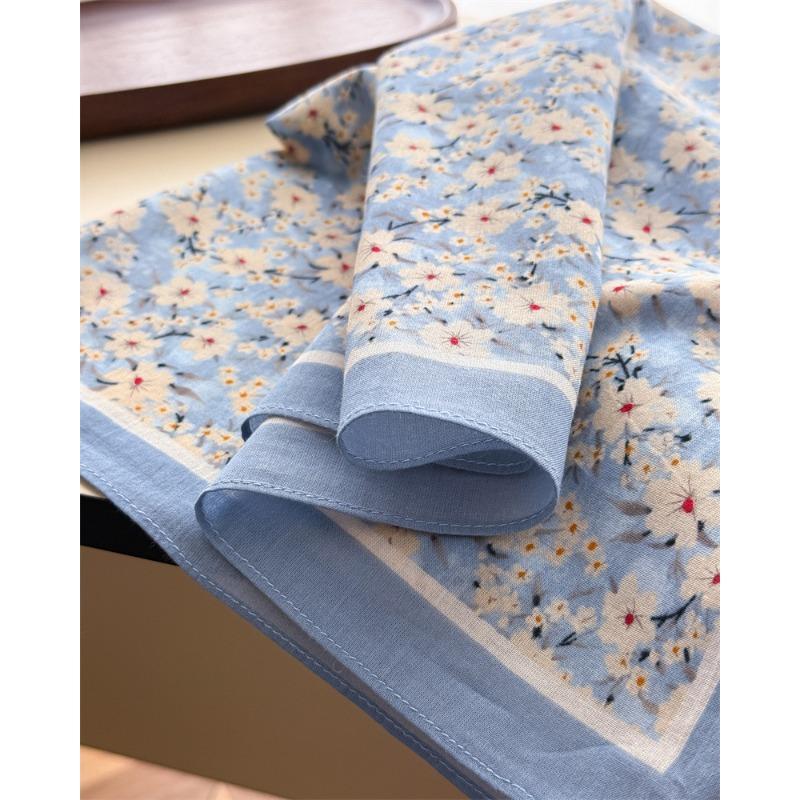 Fresh Floral Printed Cotton Small Square Scarf For Women