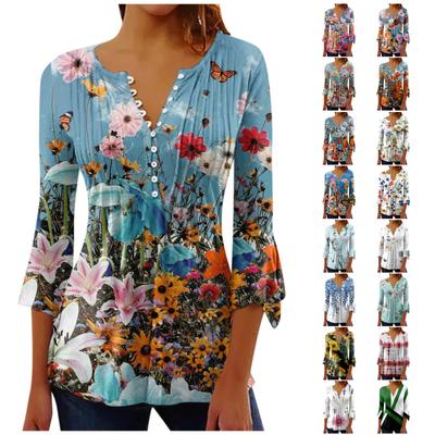 3/4-Ärmel-Shirts für Damen mit Blütenblatt-Ärmeln, T-Shirts, Blusen, lässige Basic-Tops, bedruckter Pullover mit Falten
