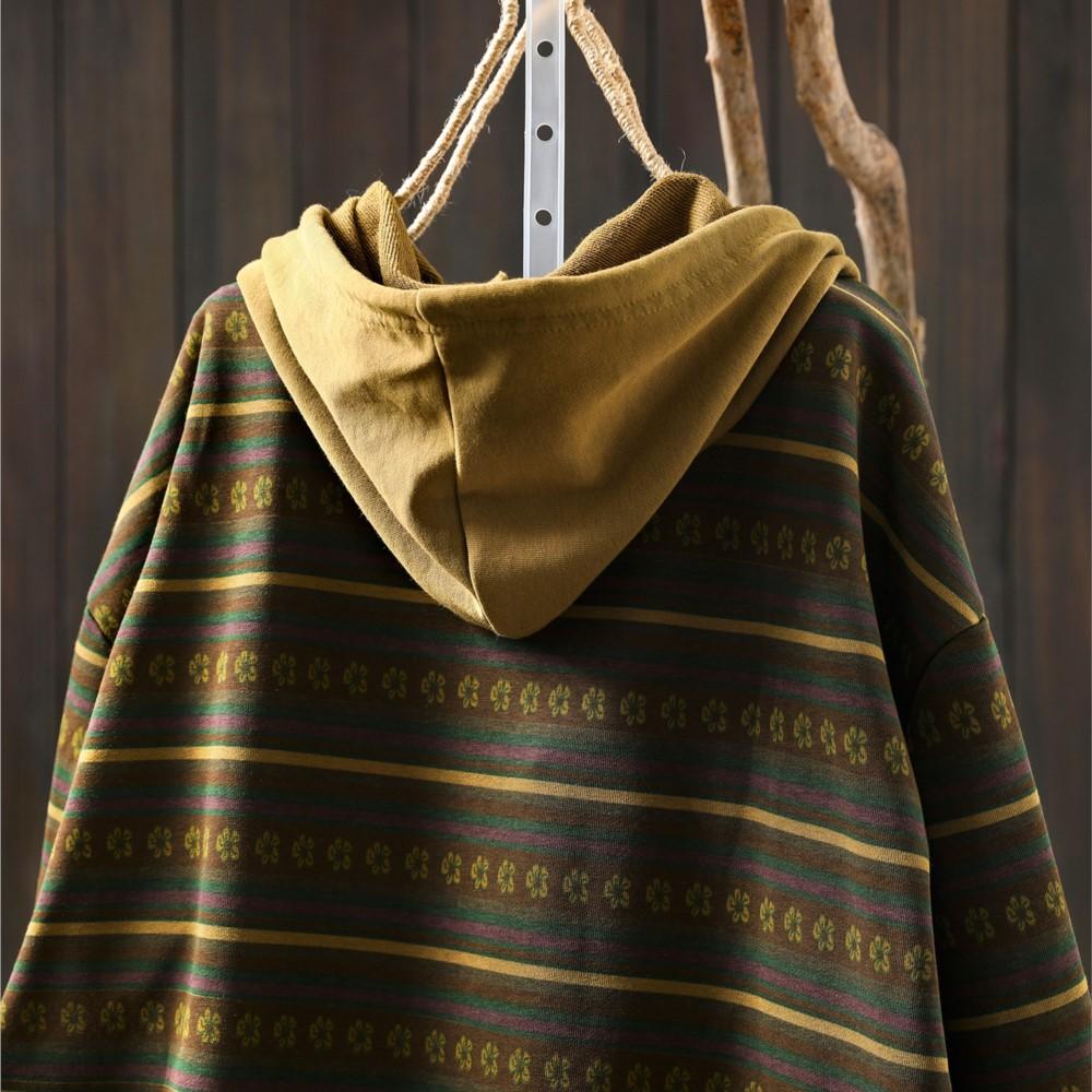 Johnature Women Pullover Hooded Striped Long Sleeve  Autumn Patchwork Pockets Casual Loose T-Shirts