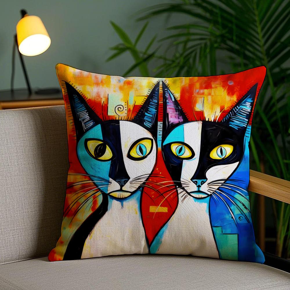 Classic Picasso Cat Oil Cushion Cover Soft Short Plush Double-Sided Printing Home Decor Machine Washable Pillow Case Gift