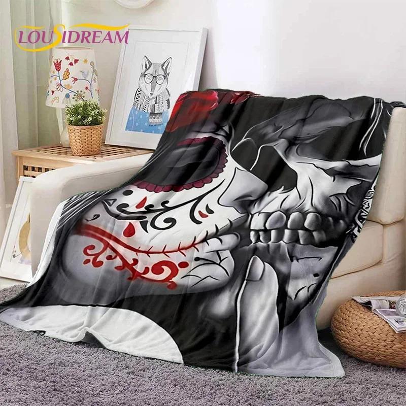 Totenkopf Totes Mädchen 3D Gothic Horror Weiblich Rose Weiche Flanelldecke für Betten Schlafzimmer Sofa Picknick, Überwurfdecke zum Zudecken Freizeit