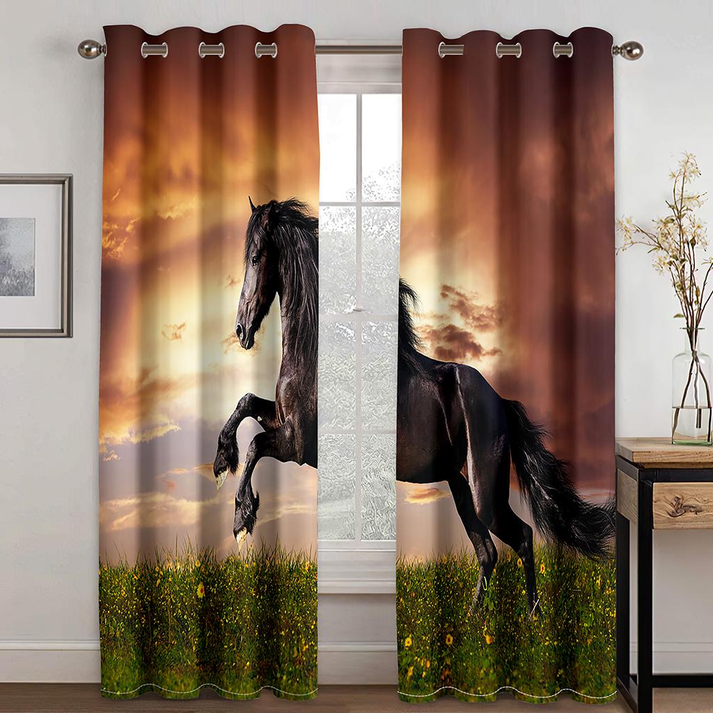 Representing the Success of the Horse 3D Digital Print Curtain Fabric Living Room Bedroom 90g Polyester Fiber Curtain Two Panels