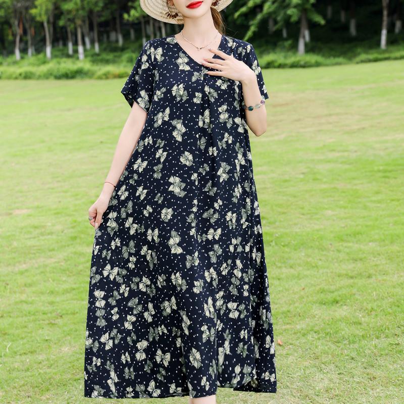 Elegant Women's Dresses Summer Vintage Clothes Plus Size Short Sleeve Casual Loose Long Dress