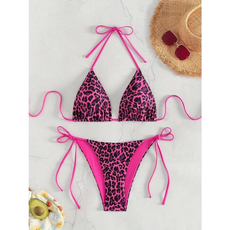 Bikini de Dos Piezas para Mujer con Estampado de Leopardo, Halter Triángulo, Atado Lateral