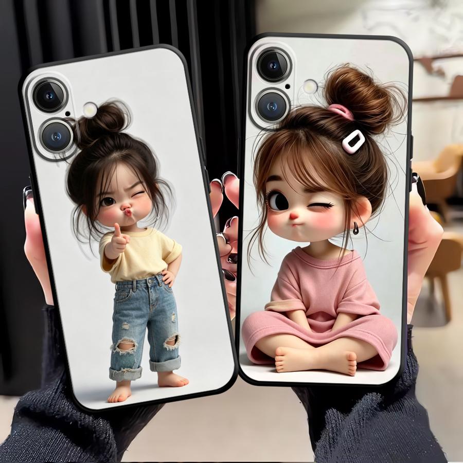 Svart mjukt phone case för iPhone 15 16 14 Plus XR Air 13 12 11 17 Pro Max XS Max 7 8 Tecknad flicka