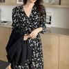 Vintage A-LINE Floral V-Neck Printing Bodycon Dress for Women Clothing Black Evening Midi Dresses Elegant Korea Spring 2026 Robe