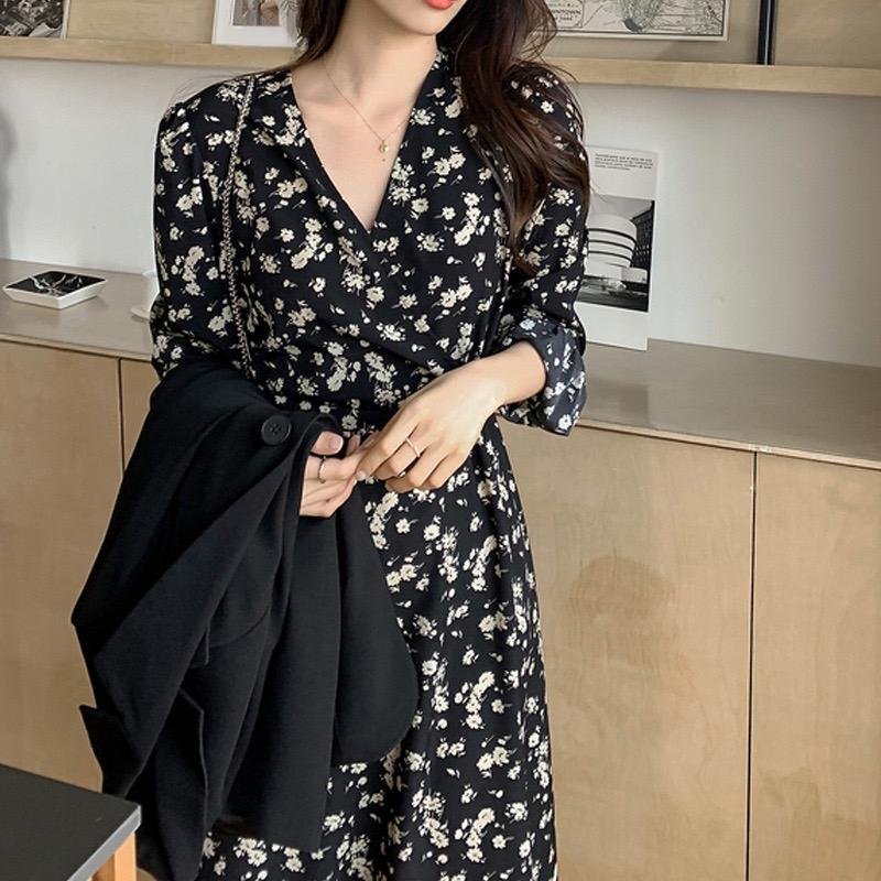 Vintage A-LINE Floral V-Neck Printing Bodycon Dress for Women Clothing Black Evening Midi Dresses Elegant Korea Spring 2026 Robe