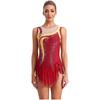 Women Rhythmic Gymnastics Leotard Round Neck Sleeveless Contrast Color Patchwork Rhinestones High Slit Skirt