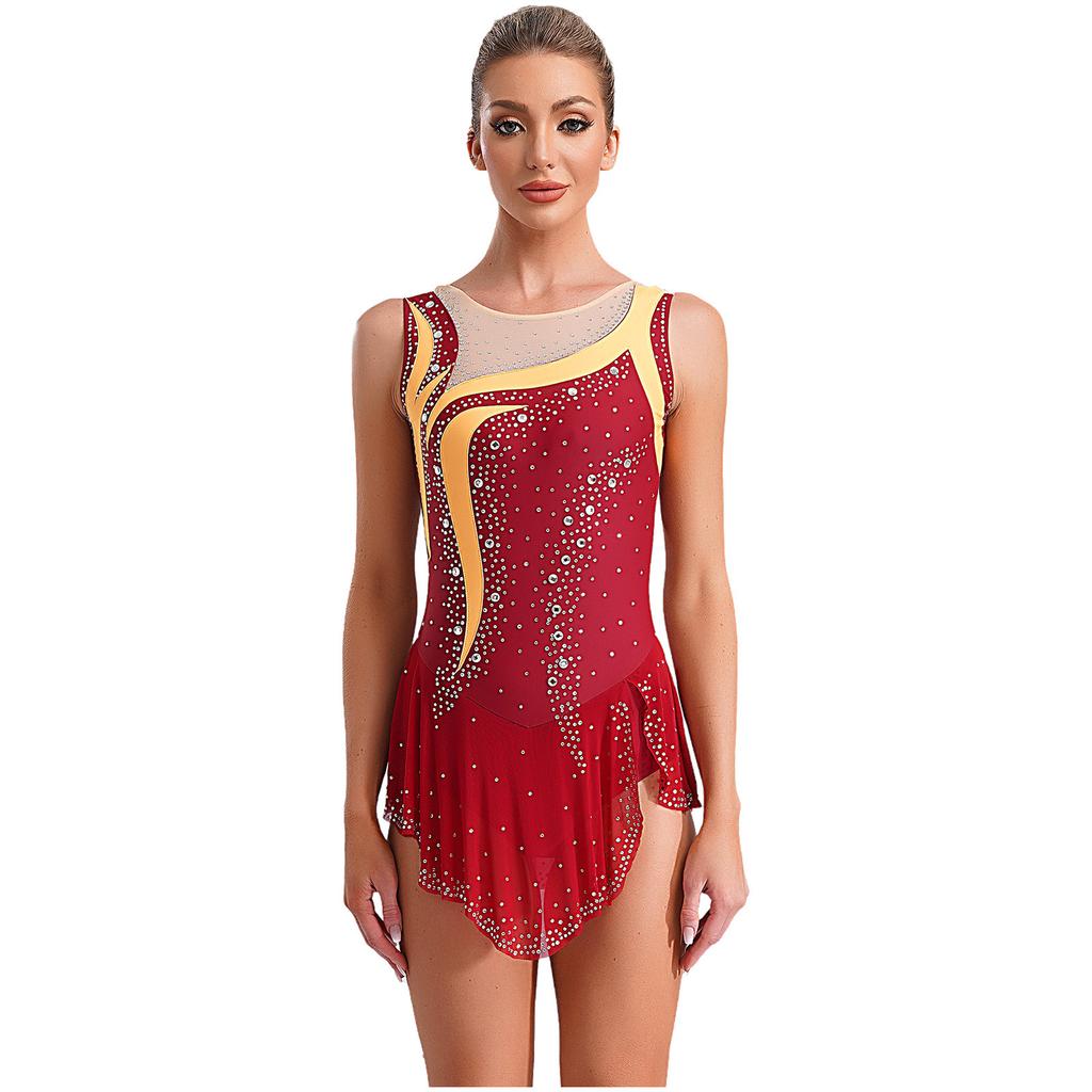 Women Rhythmic Gymnastics Leotard Round Neck Sleeveless Contrast Color Patchwork Rhinestones High Slit Skirt