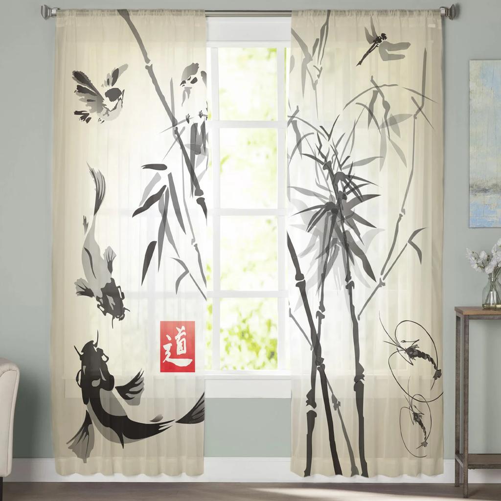 Modern Polyester Carp Chinese Style Toyo Tulle Curtains Living Room Bedroom Voile Drapes Printed Design Light Filtering Made Of Area Decor