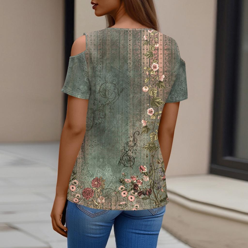Sexy Cold Sholuder Tops For Women  Summer Hollow Out Eyelet Short Sleeve Blouse Loose V Neck Tshirt Trendy Casual Tunics