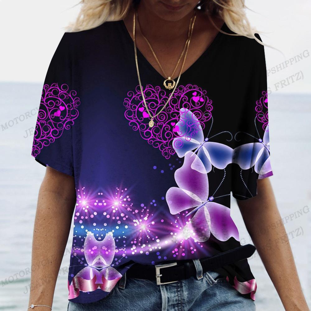 

Летняя женская модная футболка с V-образным вырезом, с короткими рукавами, для отдыха, трендовая свободная футболка 5XL