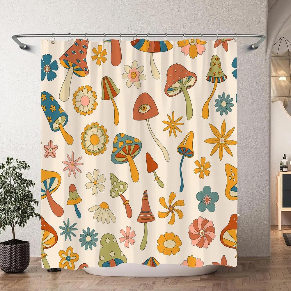 Tenda da doccia vintage a forma di fungo Foresta naturale Boho Farfalla Pianta Floreale Poliestere Tende da doccia Decorazione per il bagno Con ganci