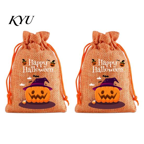 Lightweight Candy Carriers 2Pcs Halloween Pumpkin Drawstring Bags for Treats, Retro Burlap Pattern Party Favors Trick or Treat Bags, Portable