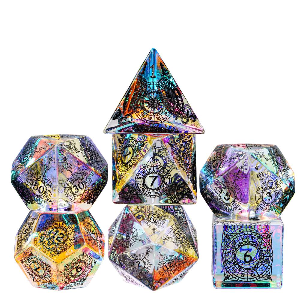 Cusdie Kleurrijke Glazen DND Dobbelstenen 7 Bliksem Edelsteen Dobbelstenen Handgemaakte Polyhedrale Dobbelstenen Set met Lederen Hoesje voor RPG Collectie Cadeau