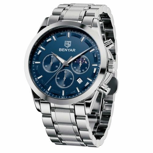 

BENYAR Men s Multi-Calendar Chronograph Watch with Leather Strap, Water-Resistant and Scratch-Resistant Silver-Blue Finish, Perfect for Business and F