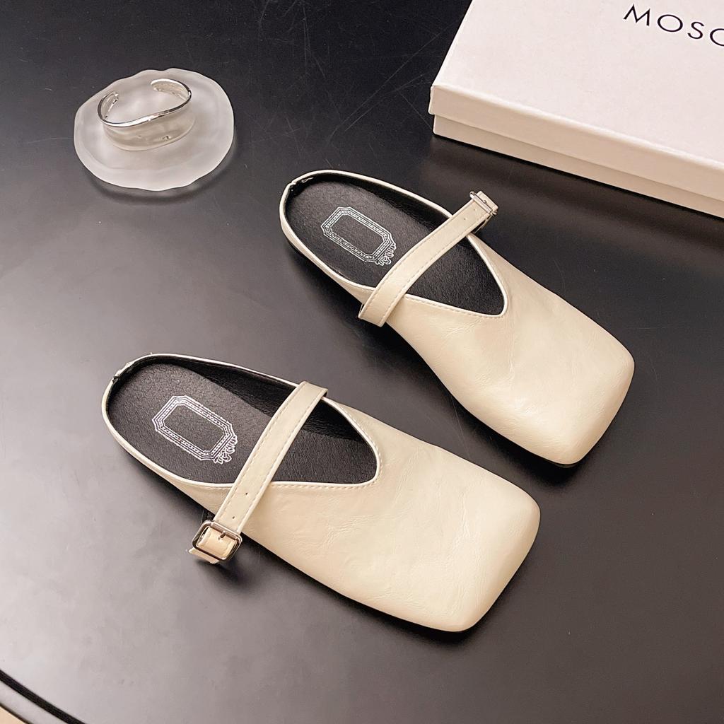 2025 spring new fashion Korean version of simple belt buckle square head bag head half drag without heel lazy slippers women