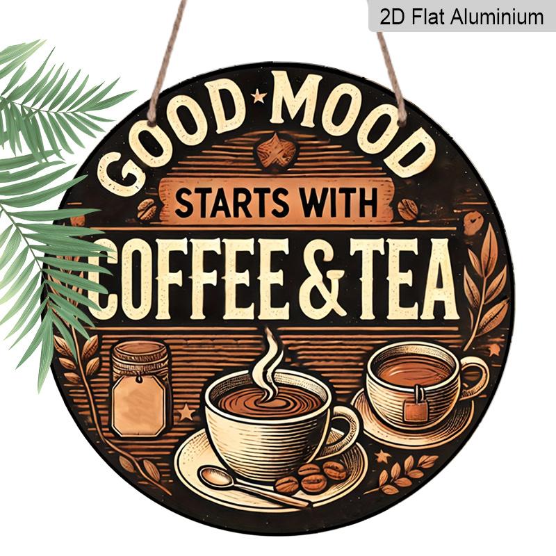 

2D Flat, 1 pc Vintage Coffee & Tea Aluminum Sign - Good Mood Decorative Round Metal Plaque, Ideal for Coffee Enthusiasts, Retro Home & Outdoor Decor 1pc