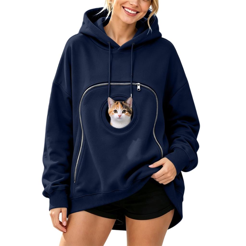 Women's Casual Long Sleeve Hooded Sweatshirt Top with Pet Pouch for Everyday Wear
