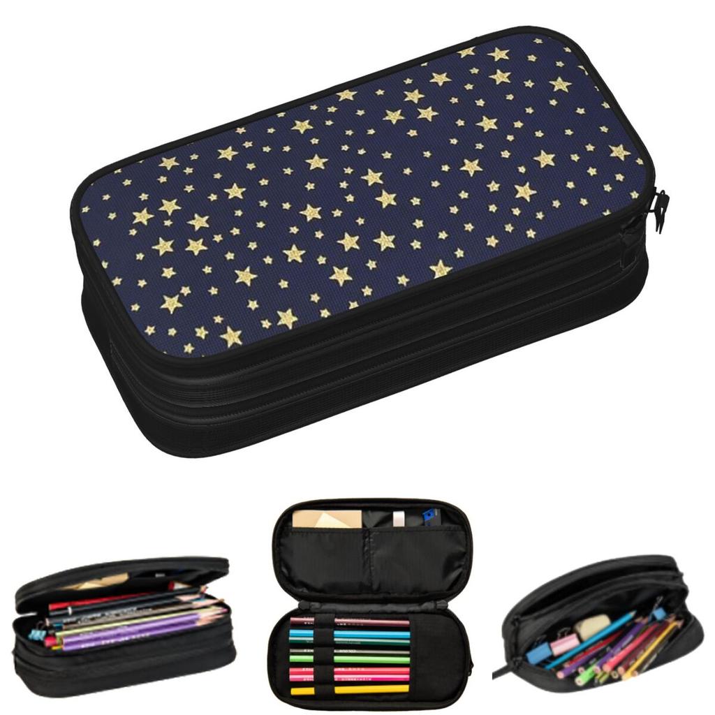 Navy Blue Sky And Stars Print Pencil Cases for Student School Pen Box Pencil Bag Large Storage Pencil Pouch
