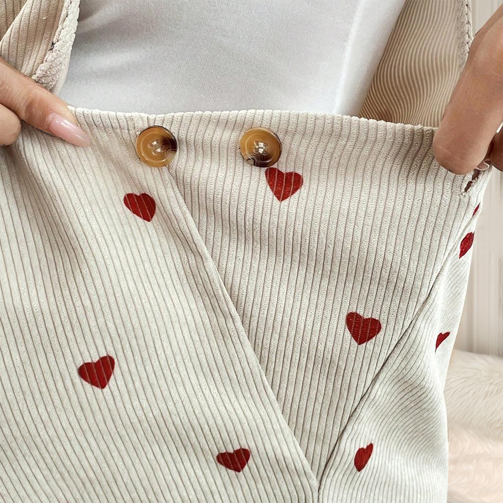Maternity Overalls Shorts Corduroy Adjustable Straps Loose Fit Heart Print Sleeveless Romper Comfortable Pregnancy Wear