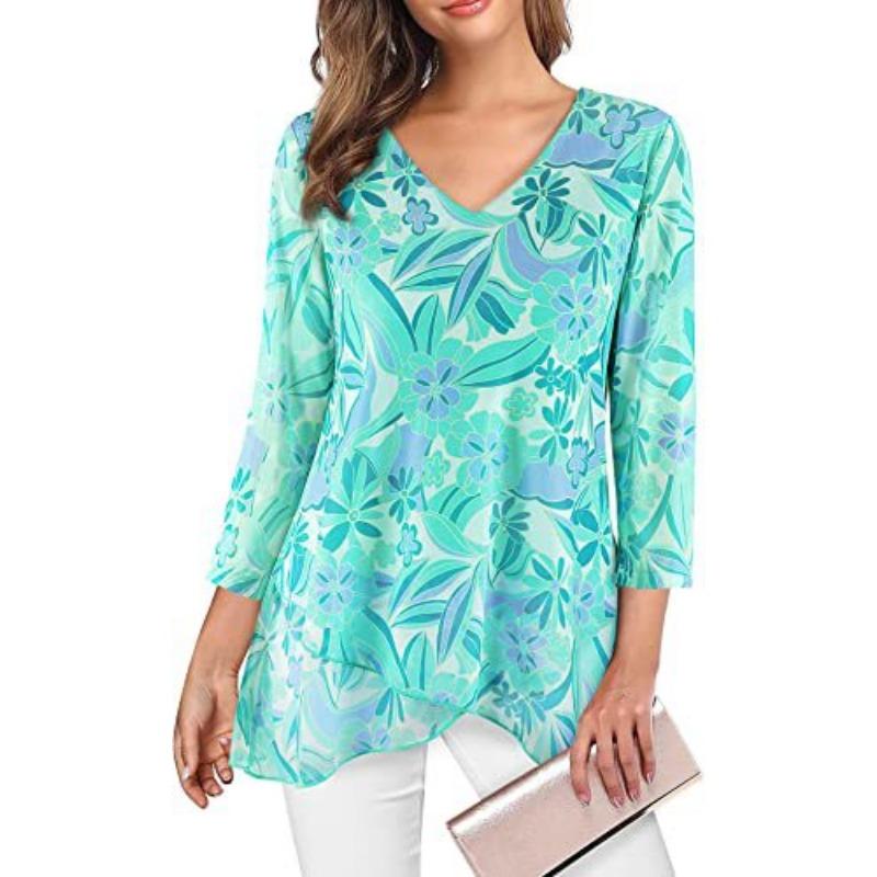 Summer Loose Seven-quarter-sleeved Chiffon Blouse Women V Neck Loose Plus Size Irregular Shirt Fashion Elegant Printed Female Top Mesh Clothing 3276