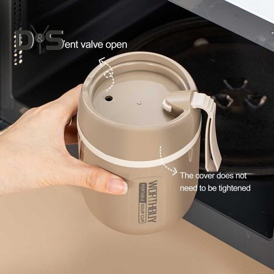 1 Set 480ml Easy To Clean Food Container Good Sealing Useful Built-in Spoon Student Milk Soup Breakfast Cup